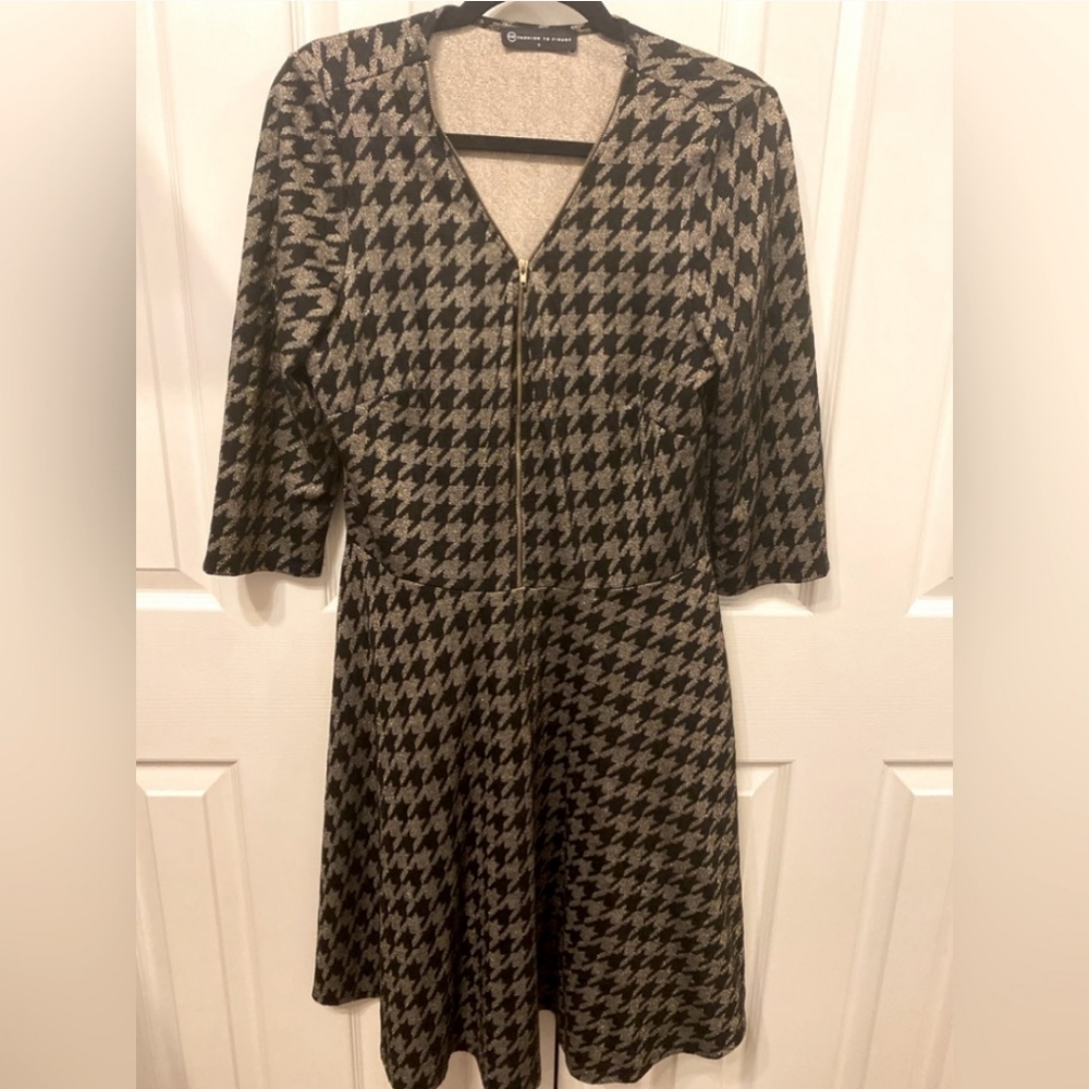 Fashion to Figure Black and Sparkly Gold Houndstooth Dress